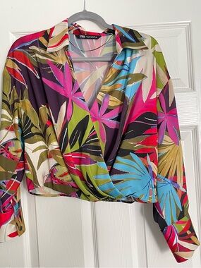 Zara Vibrant Tropical Blouse in Pink, Blue, Green